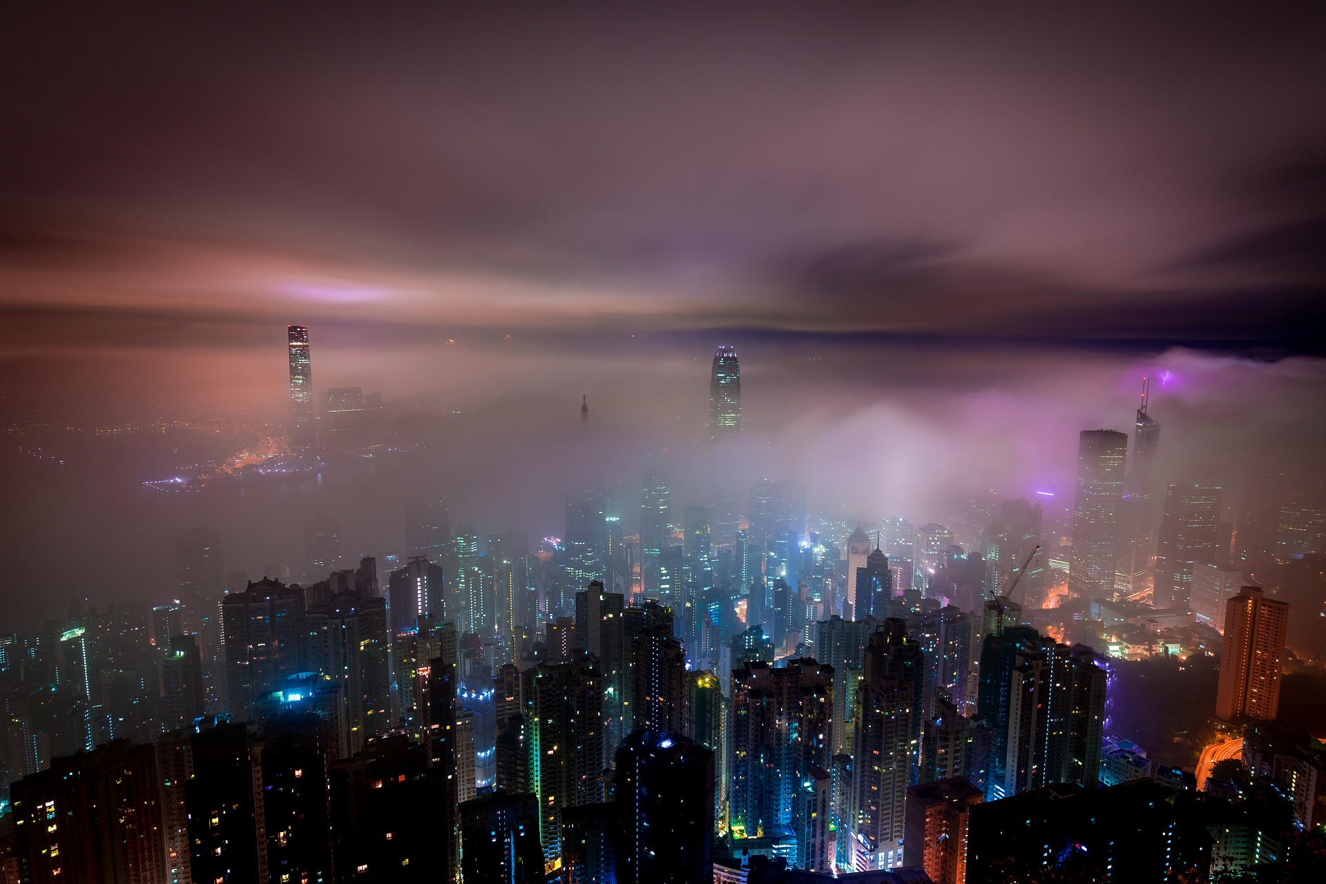 mist over cityscape